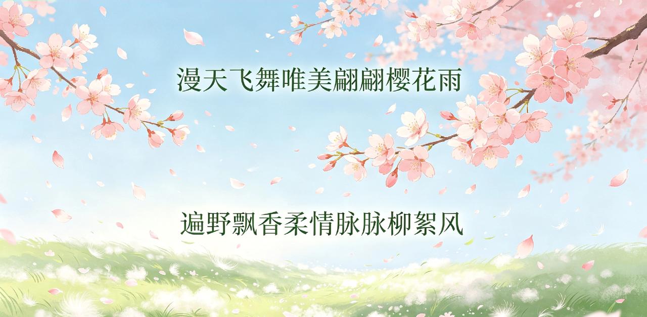 上联：漫天飞舞唯美翩翩樱花雨
下联：遍野飘香柔情脉脉柳絮风