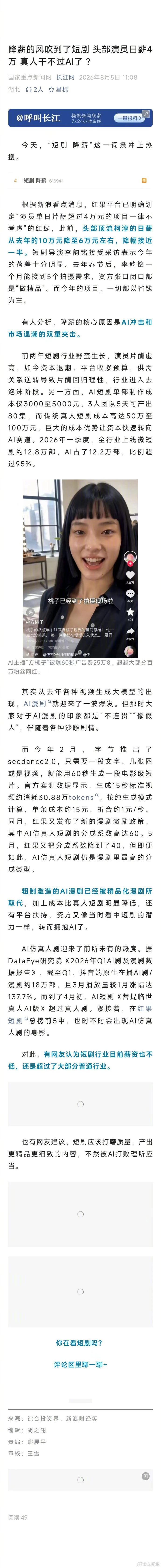 #短剧演员日薪从10万降至6万# 【#短剧演员日薪四万#】据长江网消息，红果平台