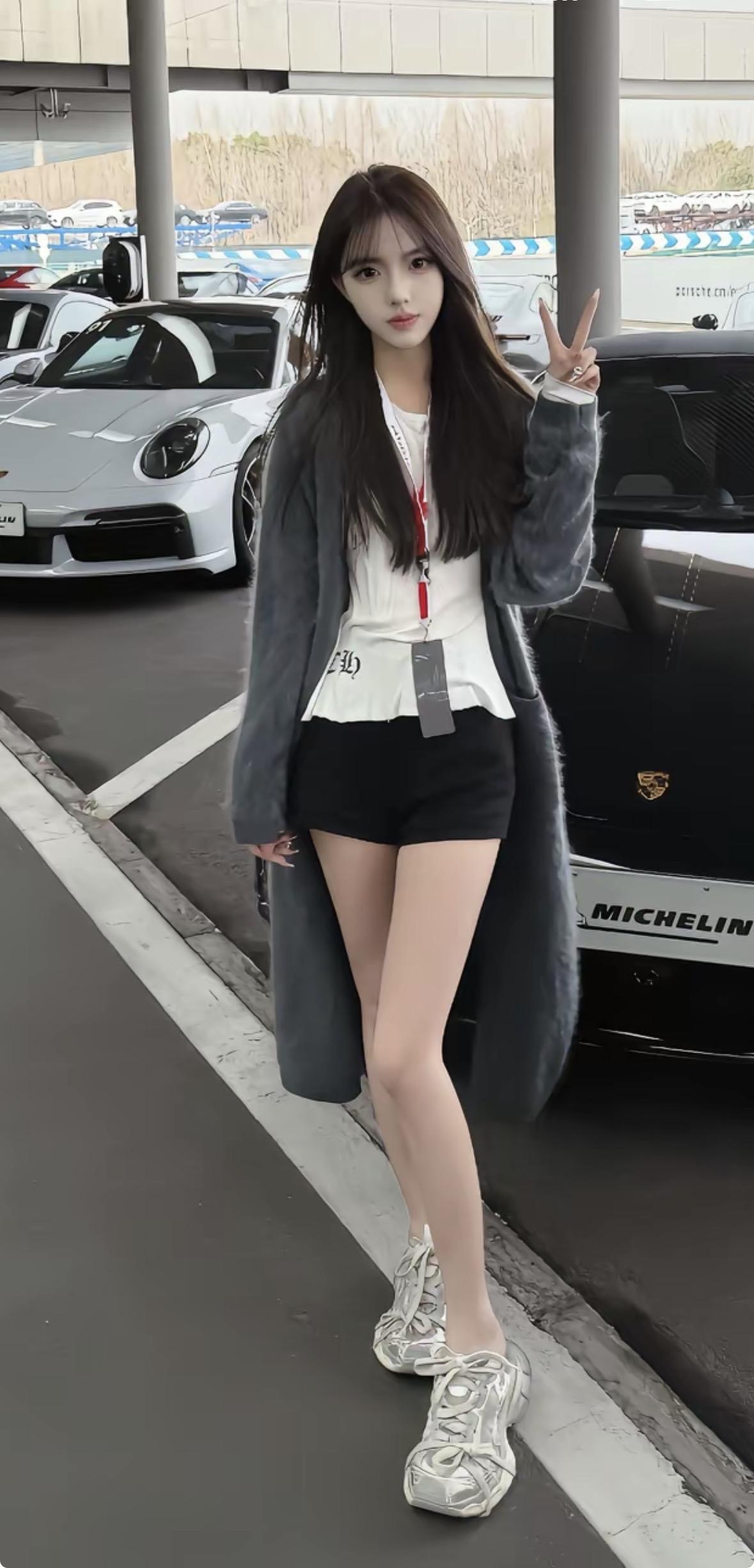 停车场里的时尚少女，米其林轮胎相伴，穿搭指南