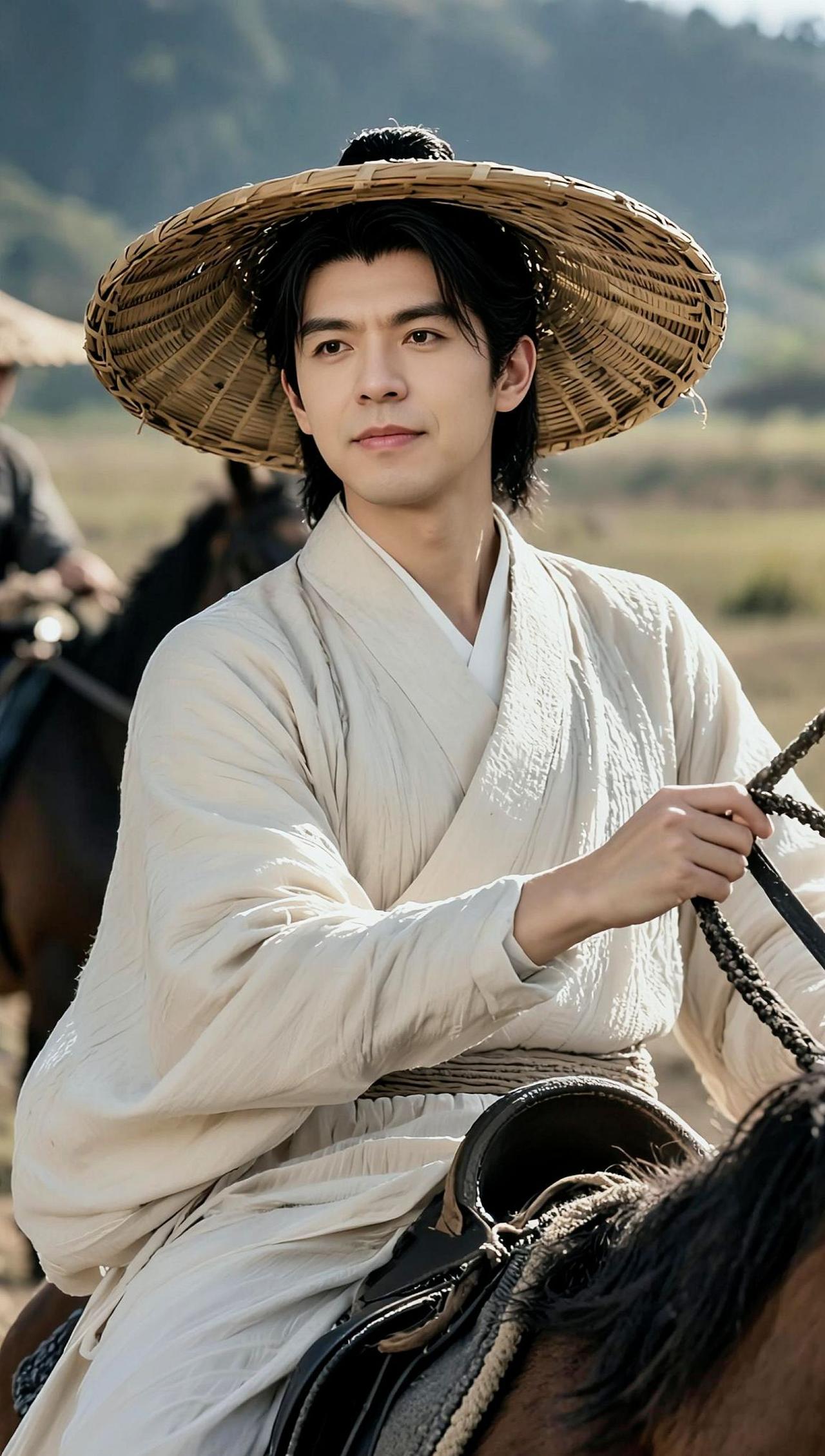 🎩斗笠压碎晨光，素袍扬起山风🌿。缰绳勒住的是江湖，还是惊鸿一瞥的心动？