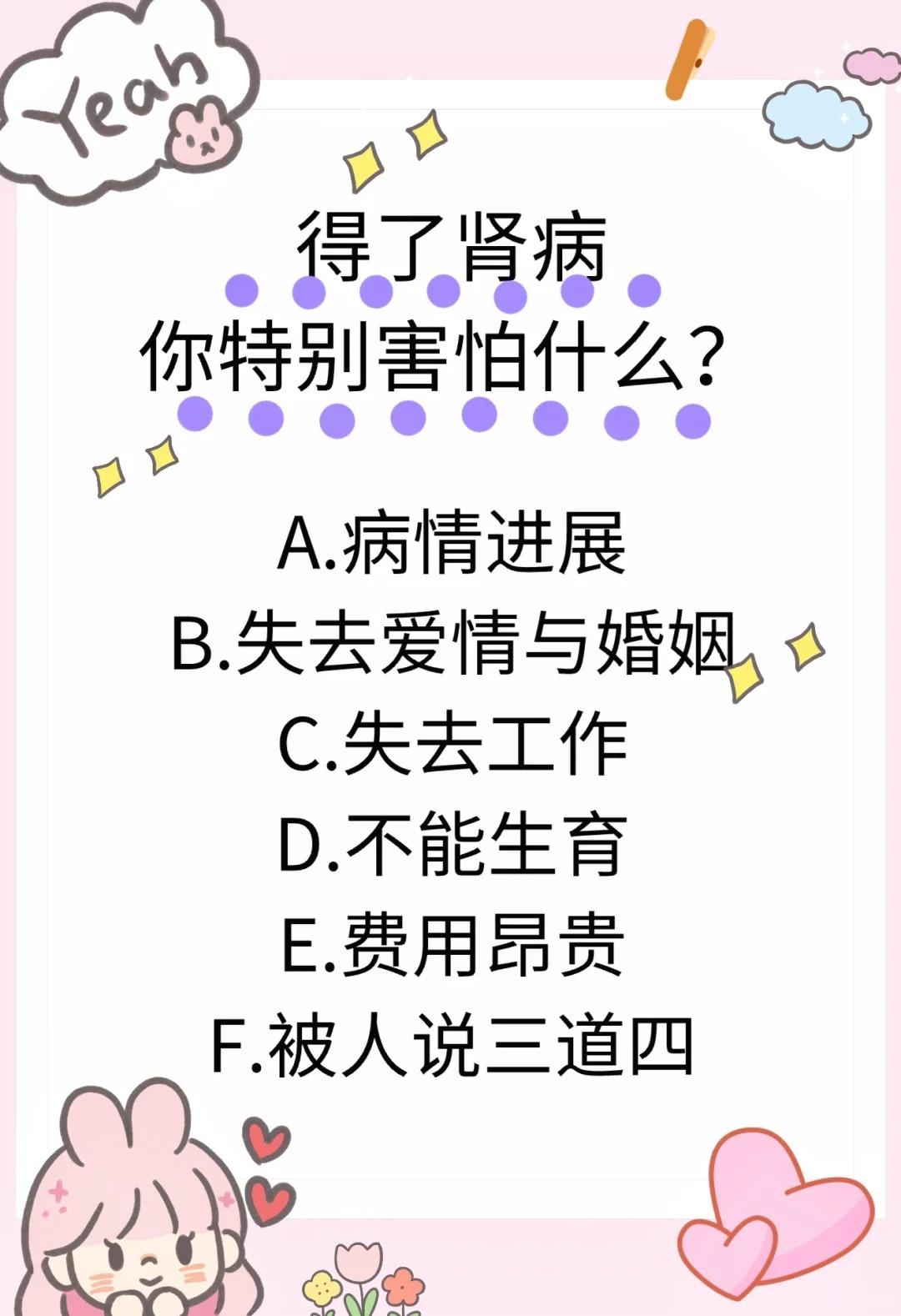 得了肾病你特别害怕什么?

A.病情进展
B.失去爱情与婚姻
C.失去工作
D.