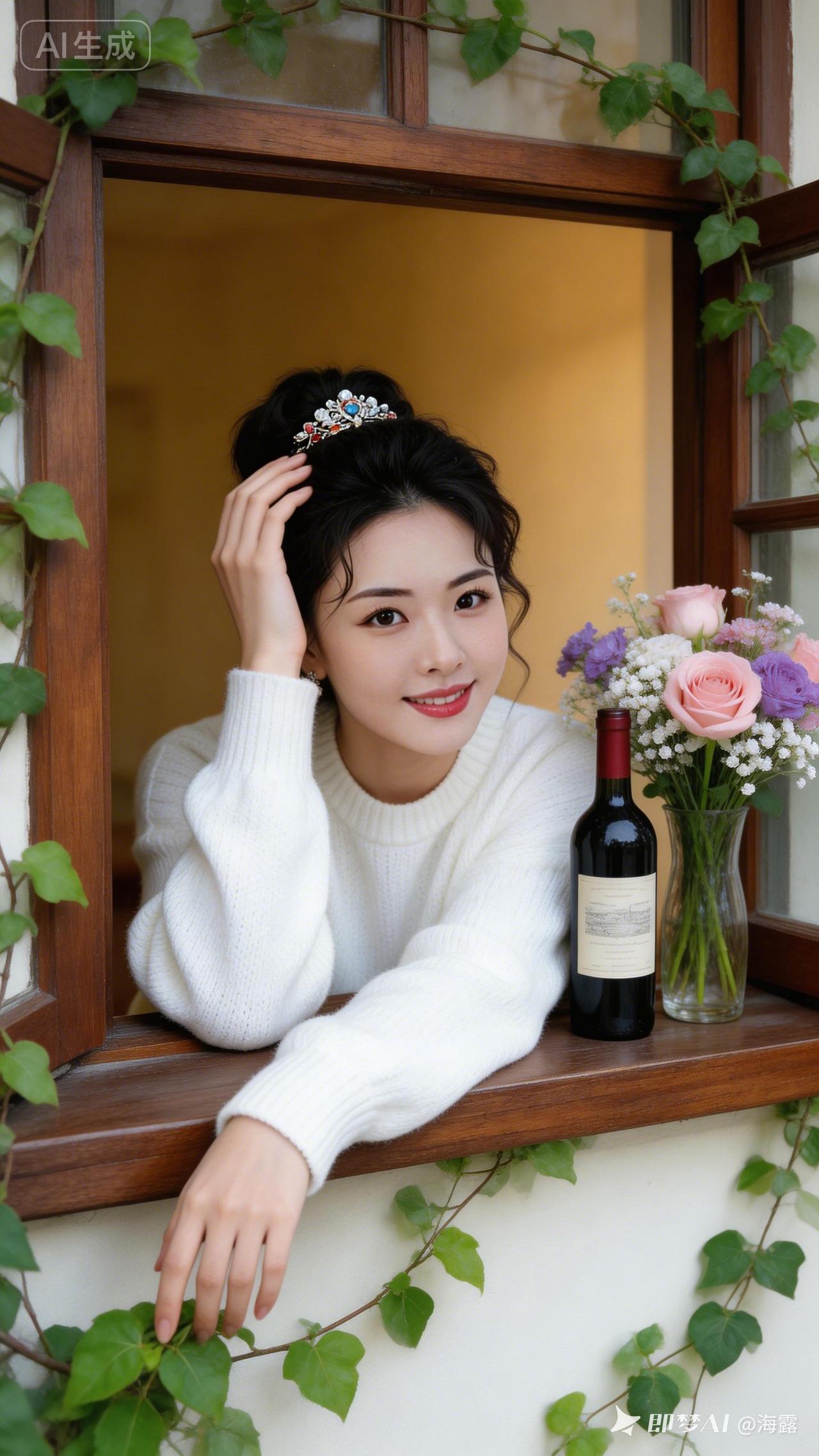 女子着白色针织衫慵懒伏于木质窗台，一手搭头，指尖轻触藤蔓。旁置红酒与粉紫花束，古