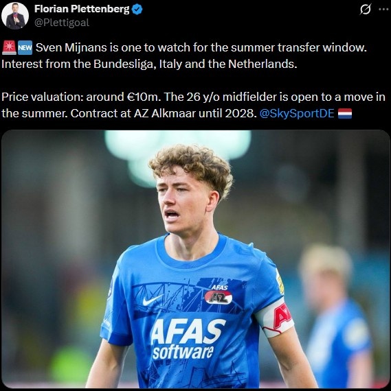 德天空：阿尔克马尔中场米尼安获多方关注 本赛季27场荷甲10球5助