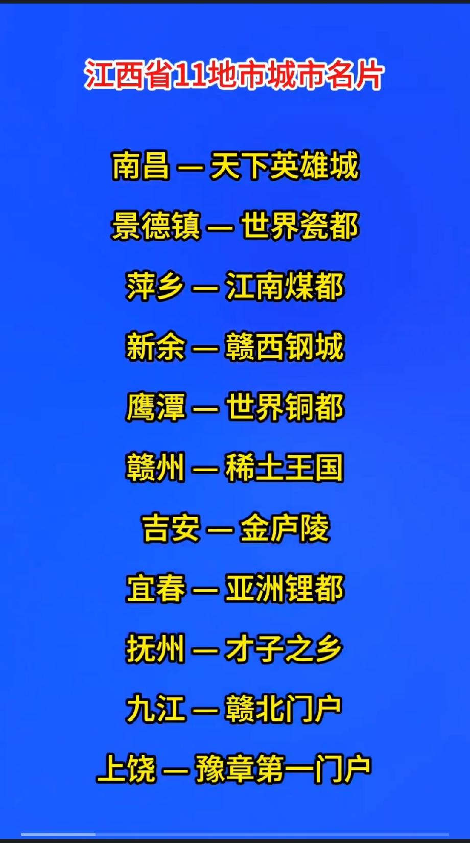 江西11地市城市名片

南昌 — 天下英雄城
景德镇 — 世界瓷都
萍乡 — 江