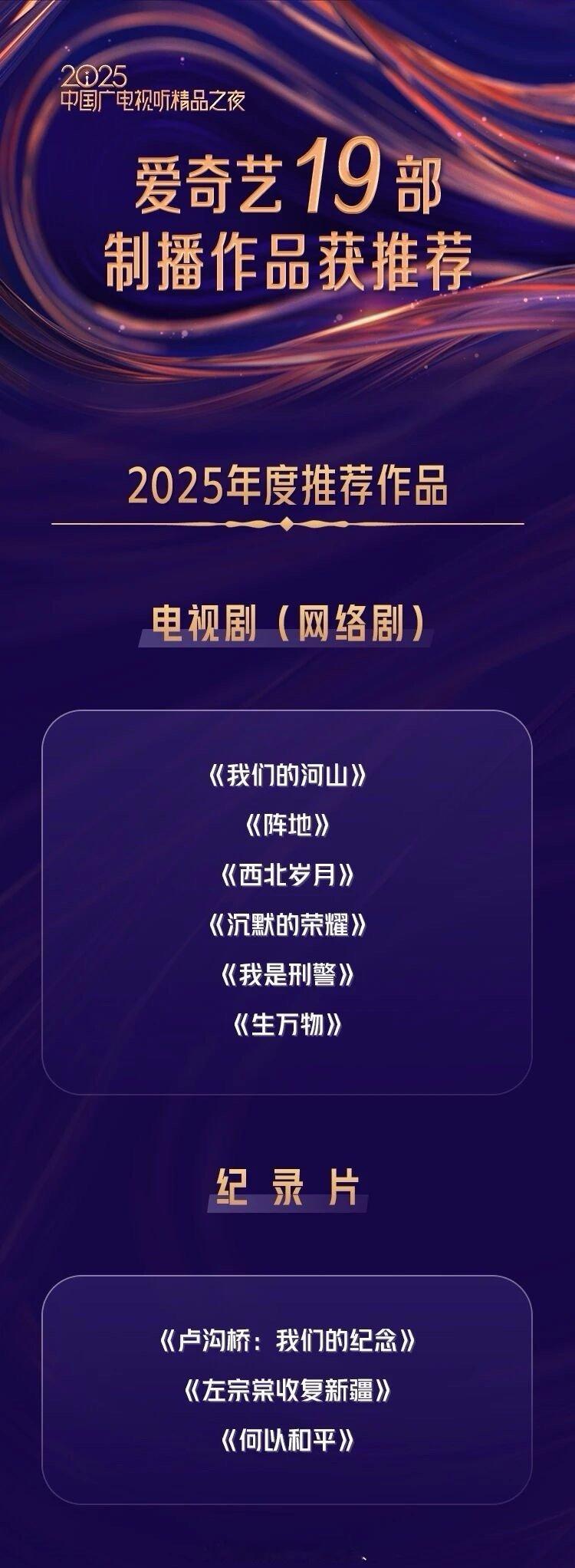 🥝这次在2025 中国广电视听精品之夜的表现好亮眼！足足有19部作品入选推荐名