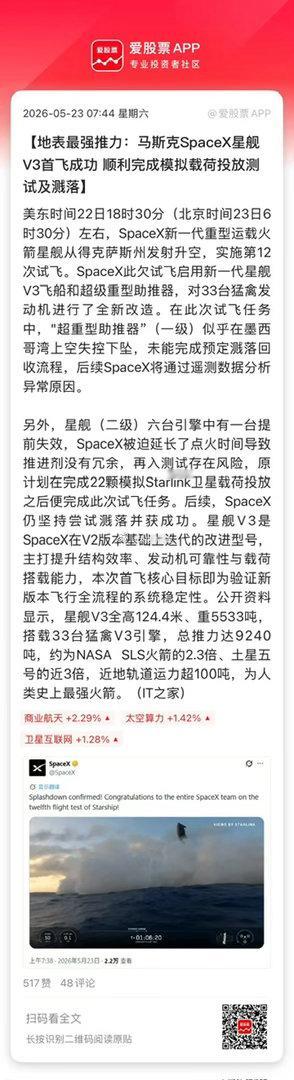 这个周末商业航天利好不少，国外SpaceX升级版星舰V3成功发射！马斯克又秀肌肉