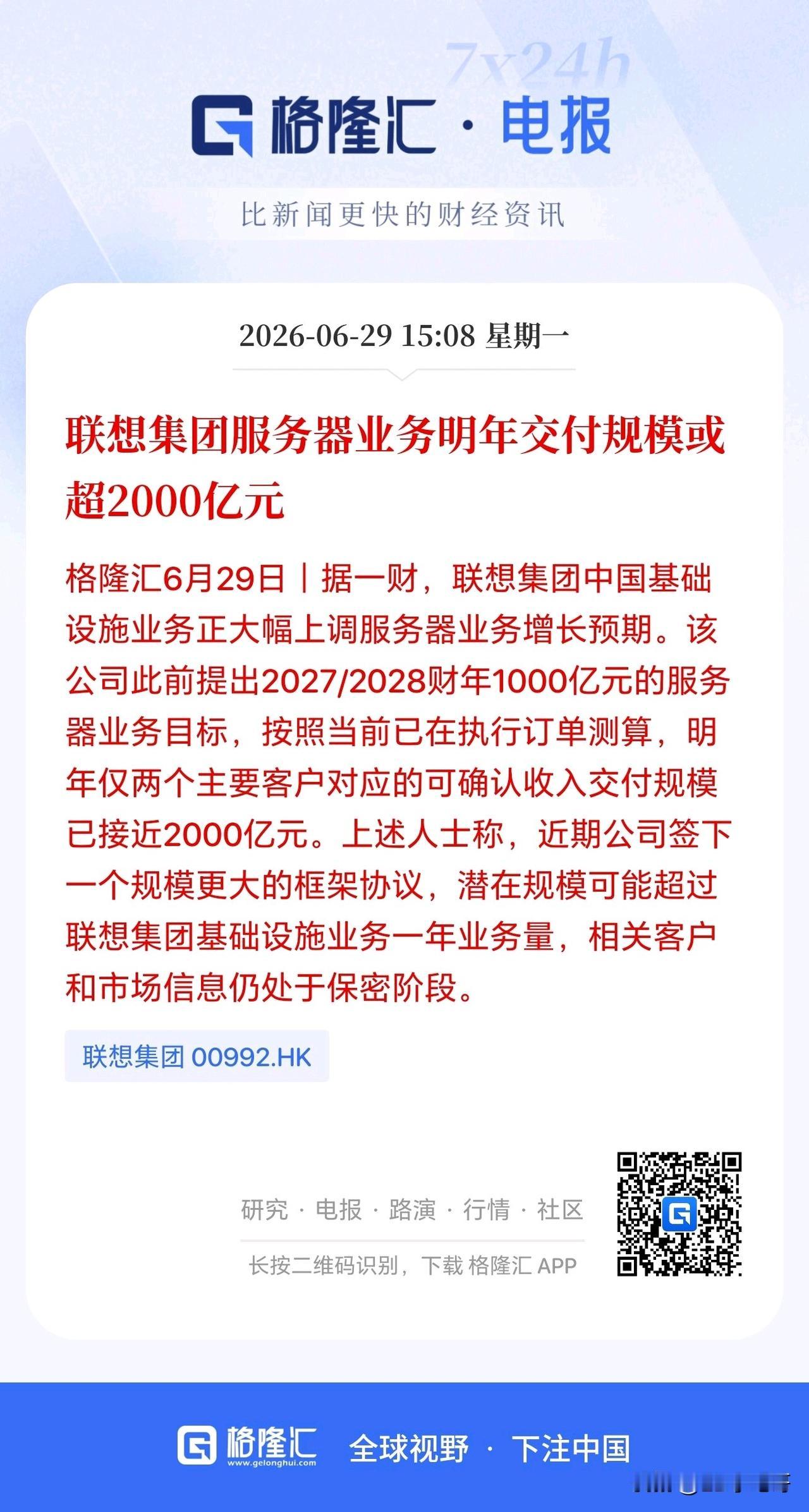 服务器重大利好，AI产业链的最后端未来成长性可期！

盘后据一财，联想集团中国基