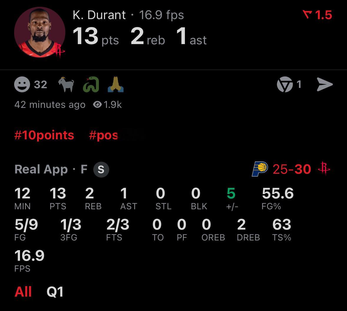 微微出汗！杜兰特首节13分2篮板1助攻！