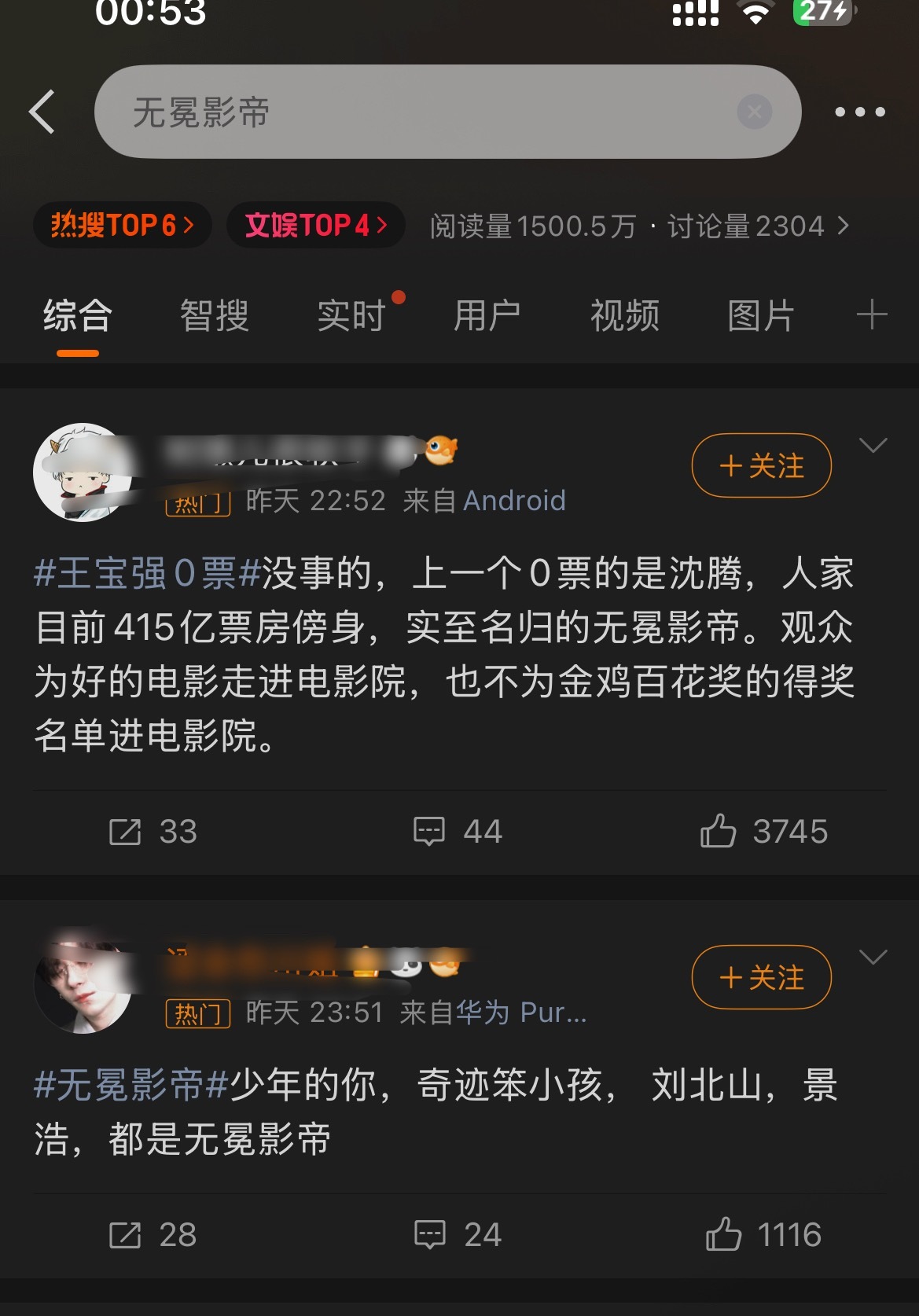 无冕影帝哈哈哈哈，热门的两条分别是王宝强和易烊千玺，第一条甚至连无冕影帝的tag