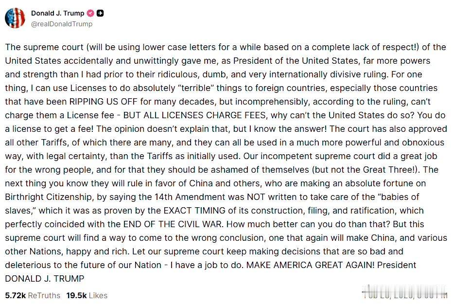 最高法院叫停关税，特朗普强硬威胁加码

日前，美国最高法院以6比3裁定推翻总统特