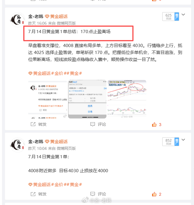7月14日黄金交易总结：总共拿下730 点！7月14日黄金行情整体震荡上行，多头