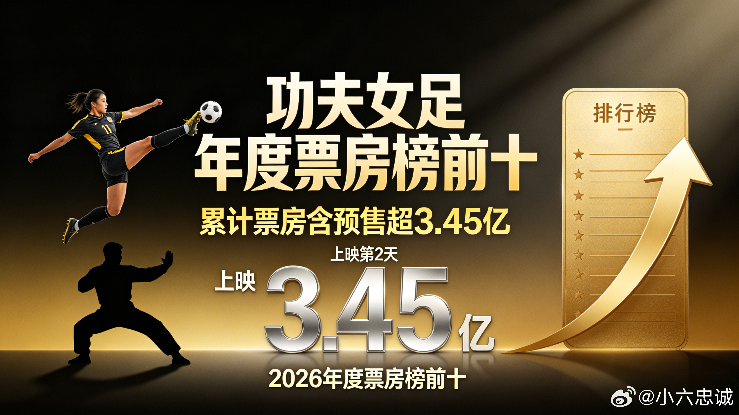 功夫女足进入年度票房榜前十上映2天，累计票房破3.45亿，直接杀进2026年度票