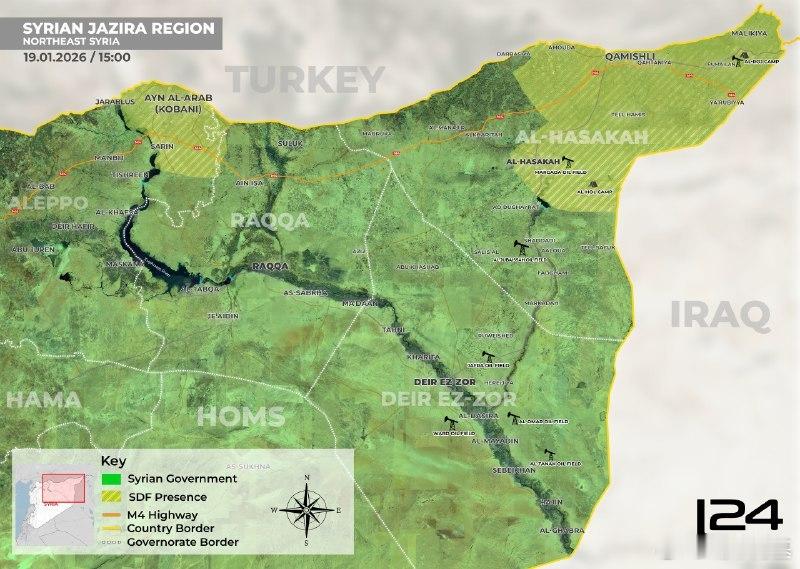 目前SDF龟缩在叙利亚北部两片小区域，一个在艾因阿拉伯和萨林附近，另一个在哈塞克