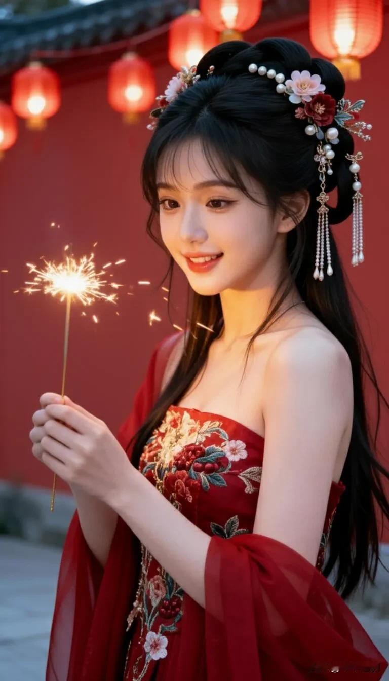 成熟稳重的美女你喜欢吗?
红衣簪花赴新春之约，指尖星火撞碎夜色温柔。宫灯映红墙，