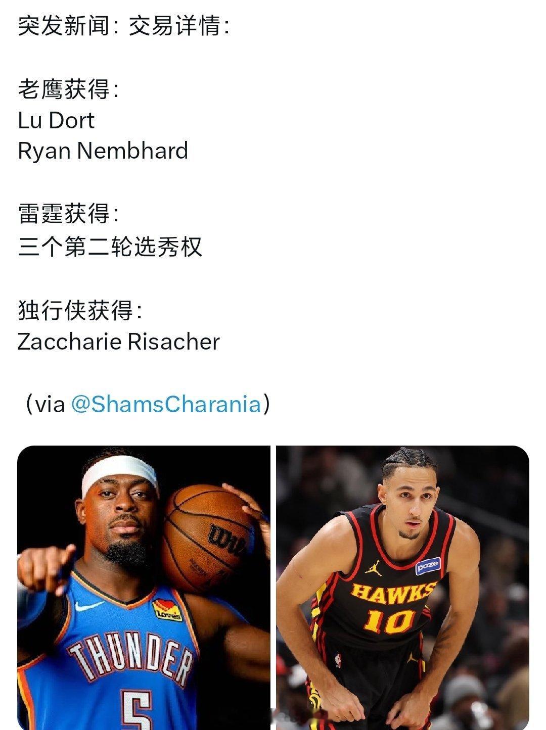 雷霆老鹰独行侠完成三方交易，老鹰还是把丽萨谢送走了，独行侠组成3状元，老鹰的锋线