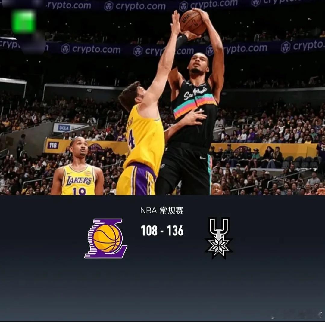 马刺136-108大胜残阵湖人，文班亚马三节40+12，布朗尼12+6北京时间2