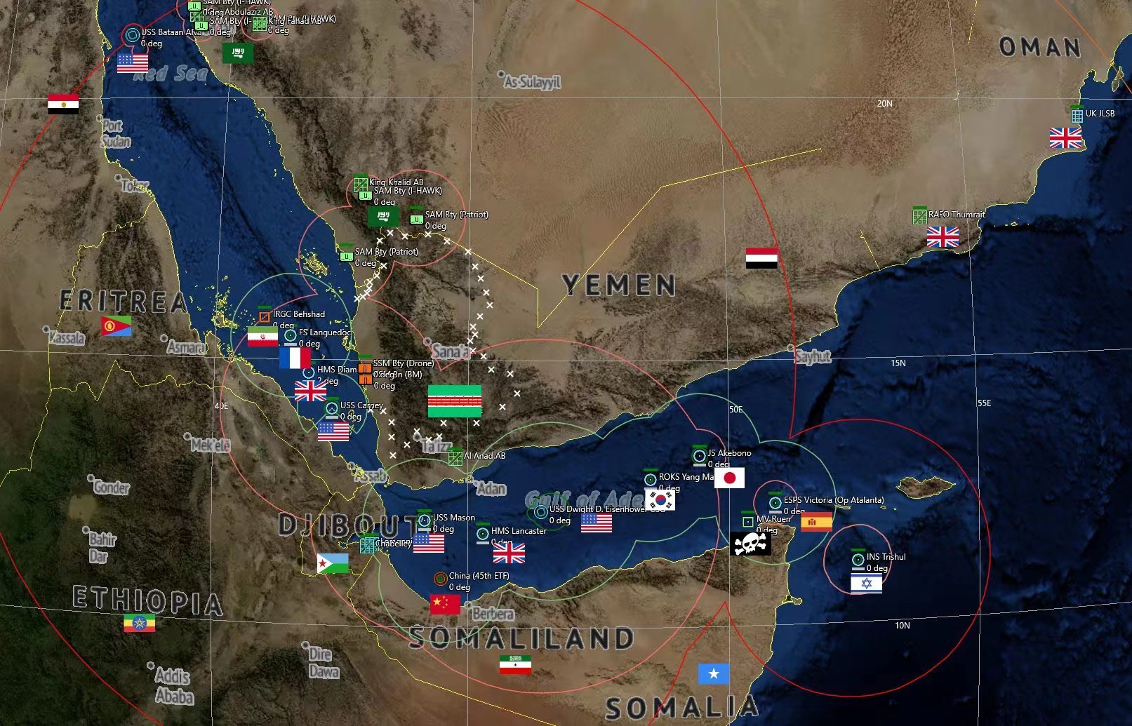 真是热闹啊，来瞅瞅目前红海和阿拉伯海聚集的各国军舰以及打击半径，除了我们的第45