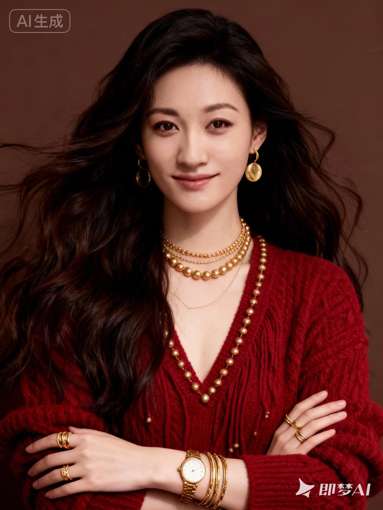 优雅红衣搭配金饰，尽显奢华魅力！