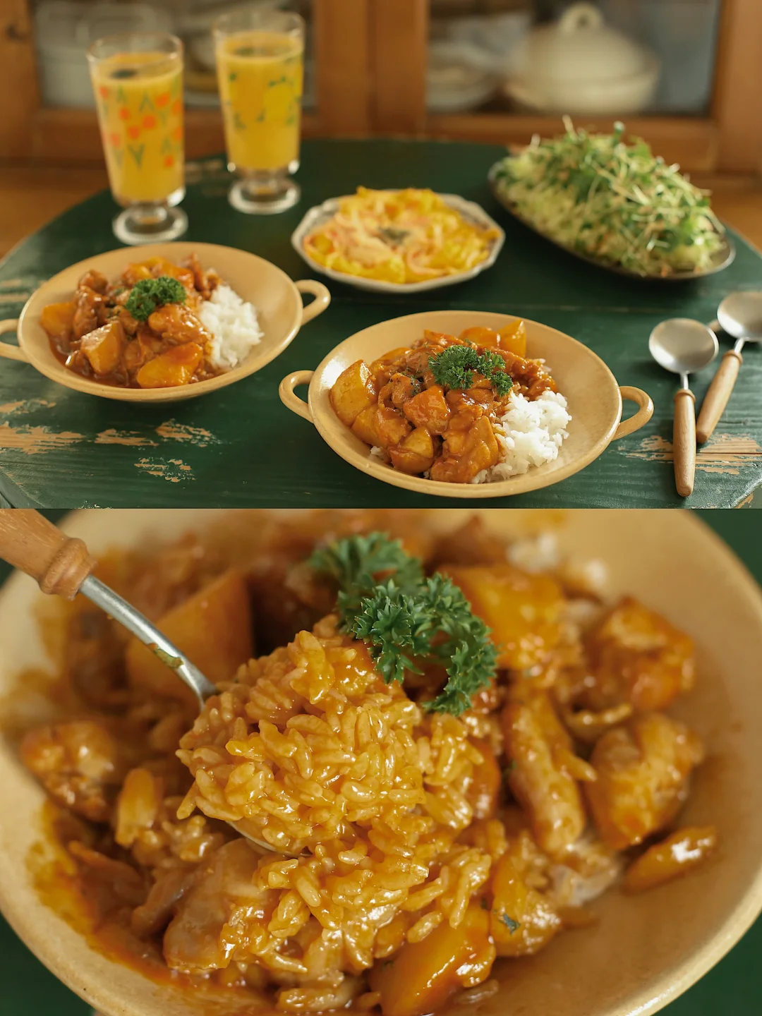 一口惊艳的辣奶油土豆炖鸡盖饭。