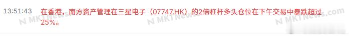 在香港，南方资产管理在三星电子(07747.HK)的2倍杠杆多头仓位在下午交易中