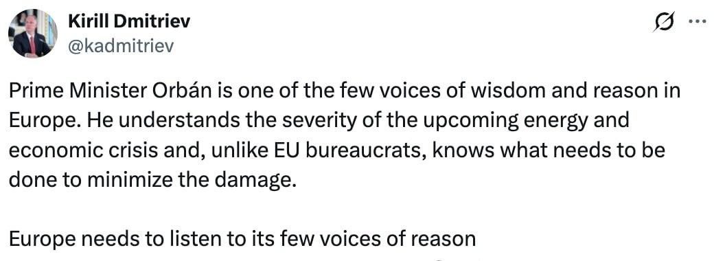 俄罗斯直接投资基金总裁基里尔·德米特里耶夫公开发声，盛赞匈牙利总理欧尔班是欧洲少