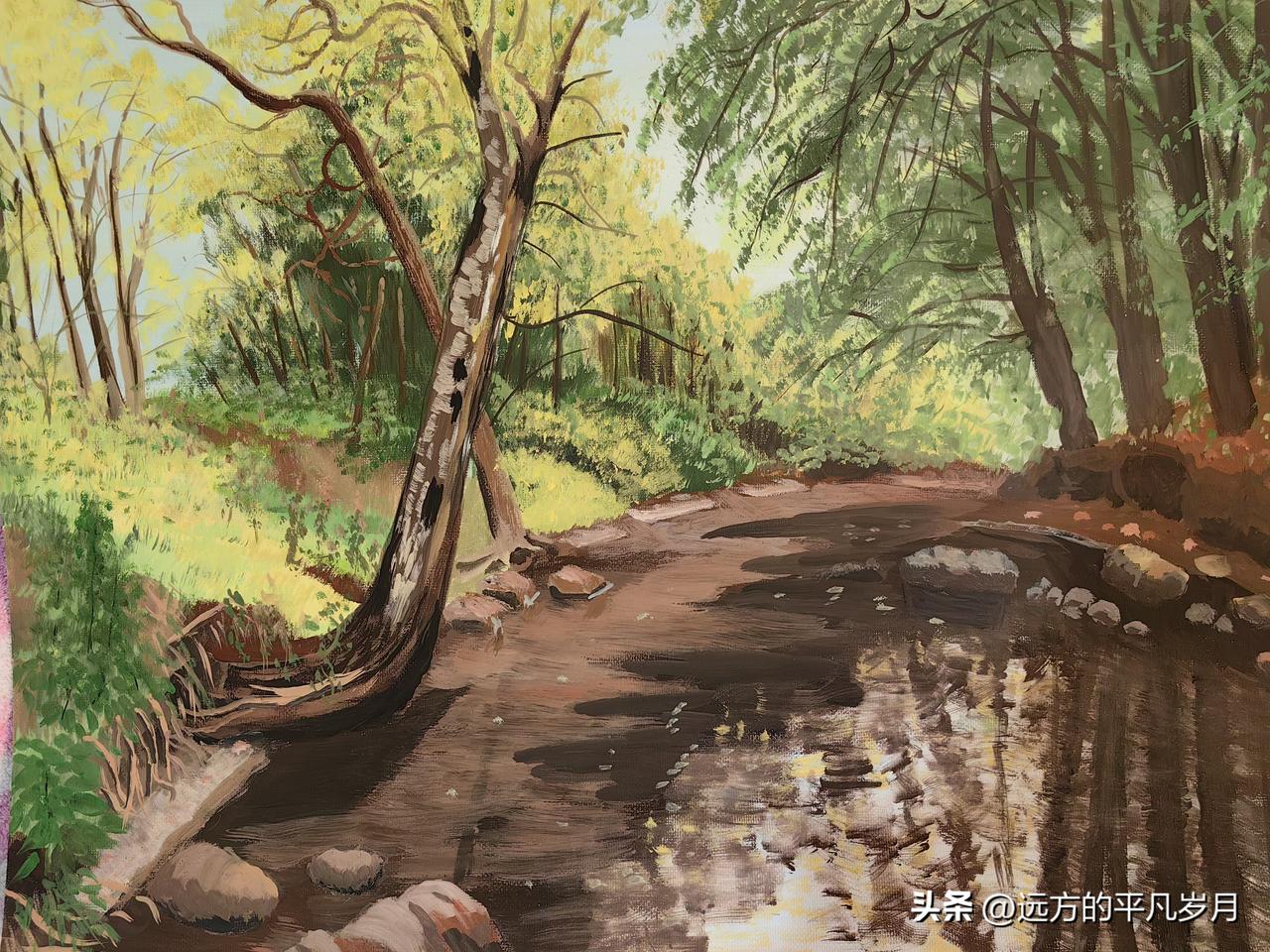每日一练（水粉画）
 
弯树临溪照浅塘，
晴林叠翠落波光。
一川静影藏山野，
风