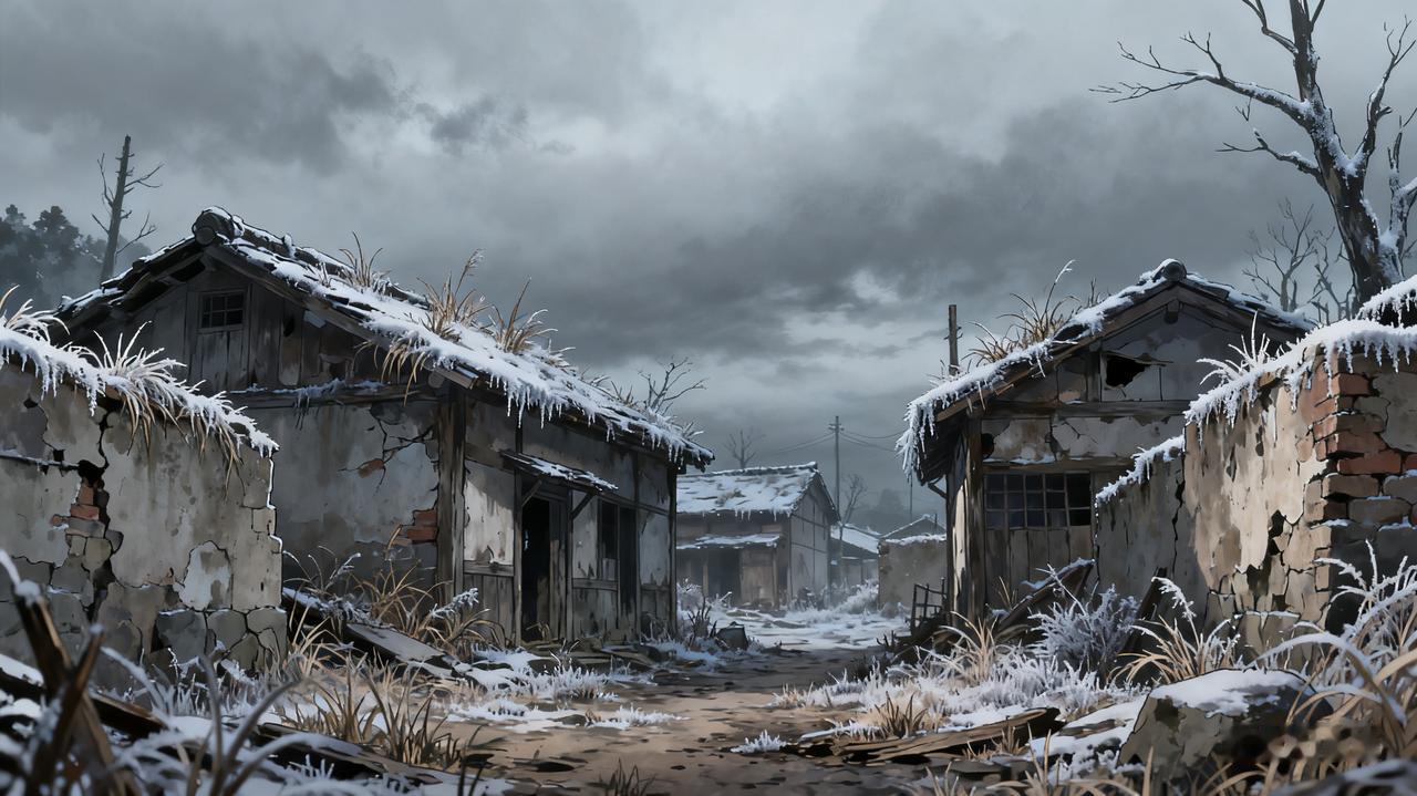 1. 村无人烟只剩房，断垣枯草覆寒霜
 
2. 墙倒屋塌话凄凉，风穿空巷诉沧桑