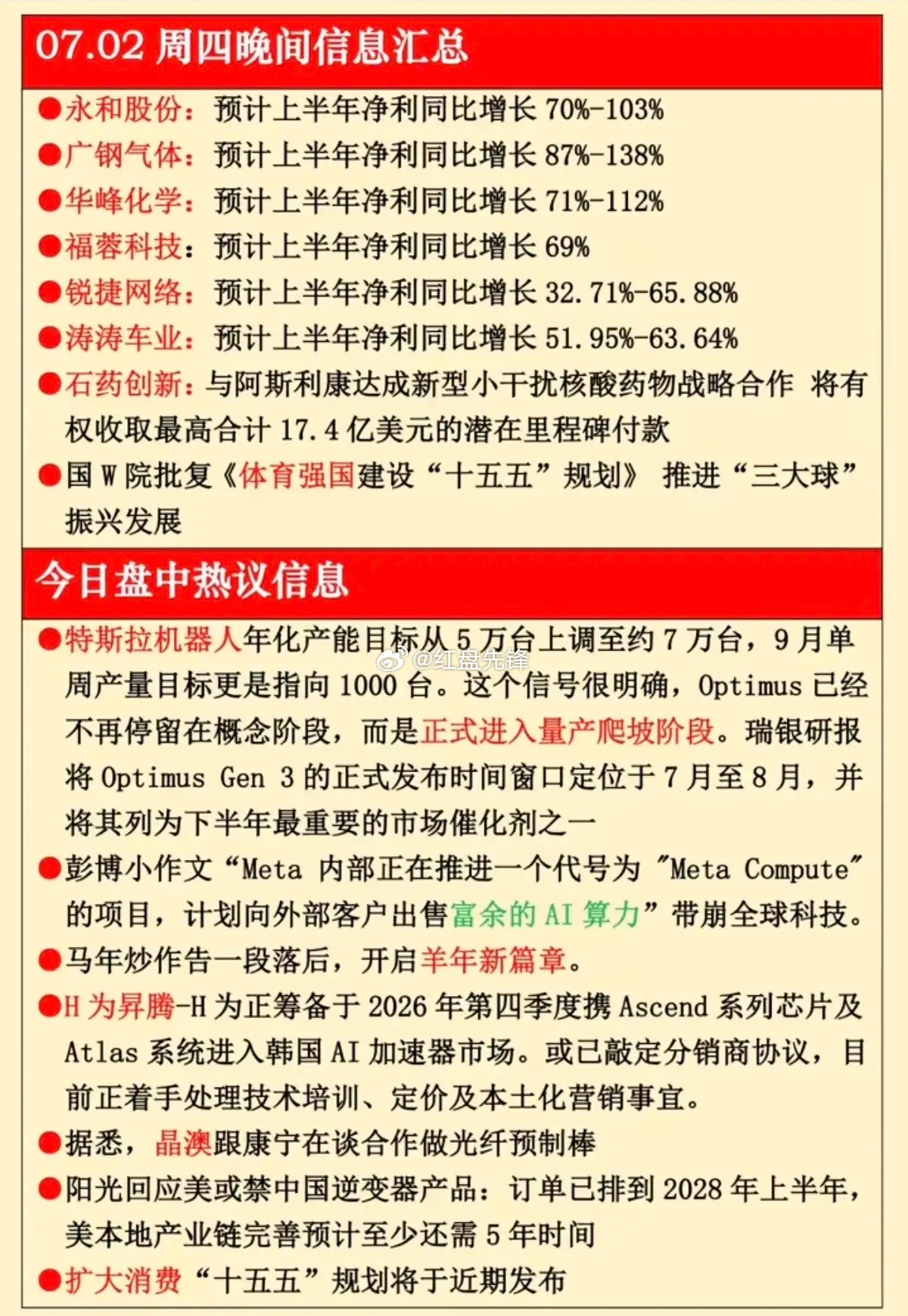 7.02周四晚间财经重点一览：特斯拉机器人、华为昇腾算力、光纤预制棒、消费刺激政