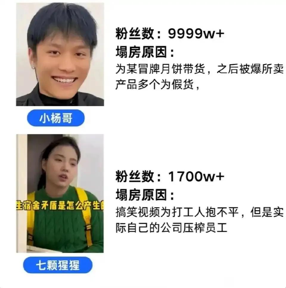 盘点那些短视频塌房网红，最低粉丝数500万，最高粉丝数超1亿。可以发现这些塌房的