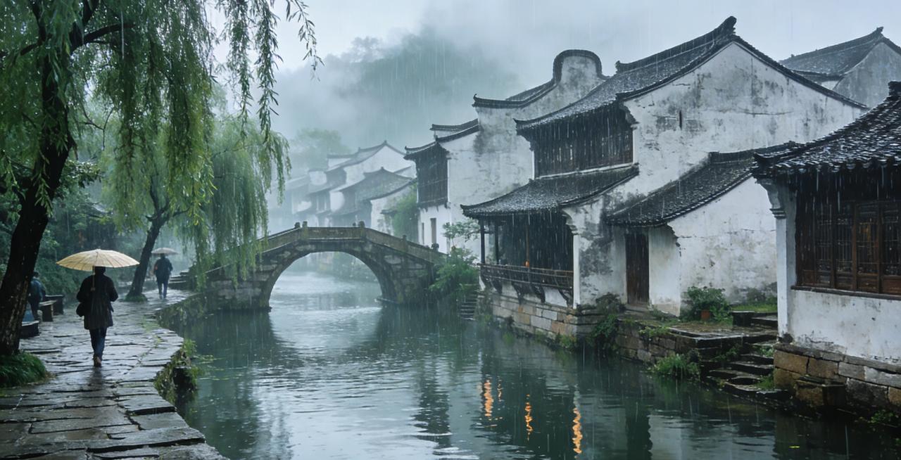 《烟雨江南》美图简介
 
细雨如丝，晕染出一幅朦胧的江南水墨画。白墙黛瓦的古宅依
