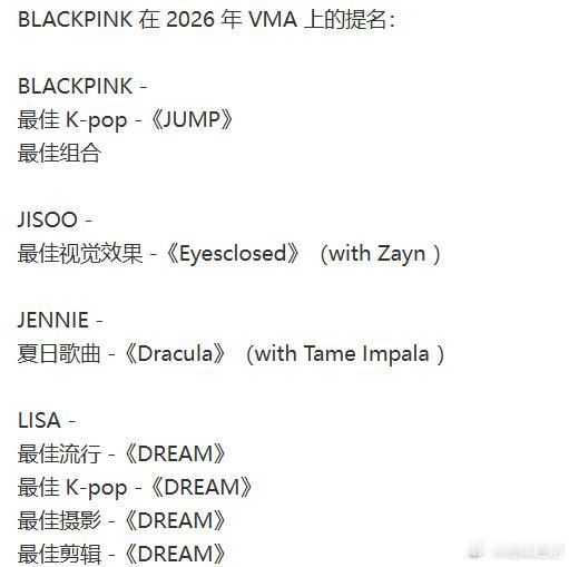 blackpink三名成员获VMA提名Lisa金智秀Jennie提名VMA 本次