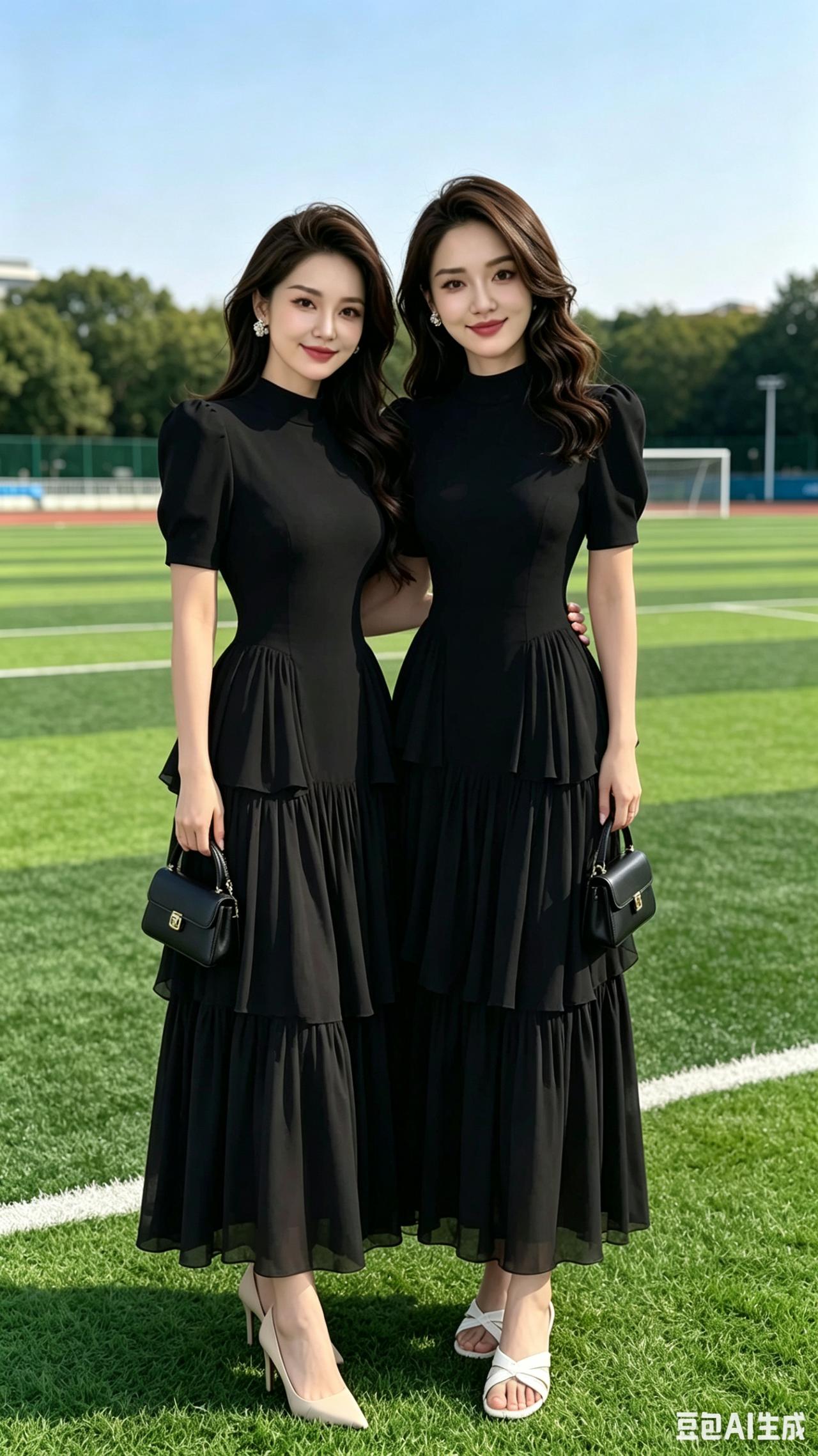姐妹相携笑意盈，
一袭玄裙韵满盈。
束腰泡袖风姿俏，
叠叠裙摆舞风轻。
手挽精致