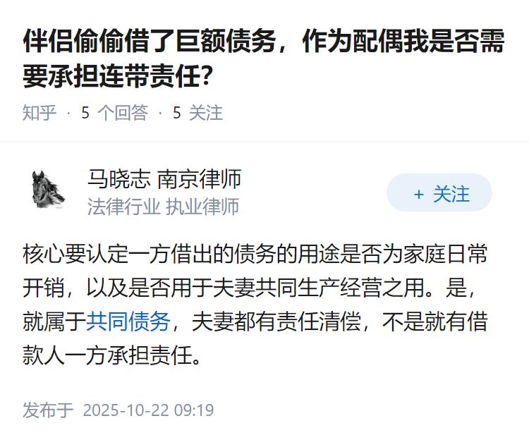 伴侣偷偷借了巨额债务，作为配偶我是否需要承担连带责任？