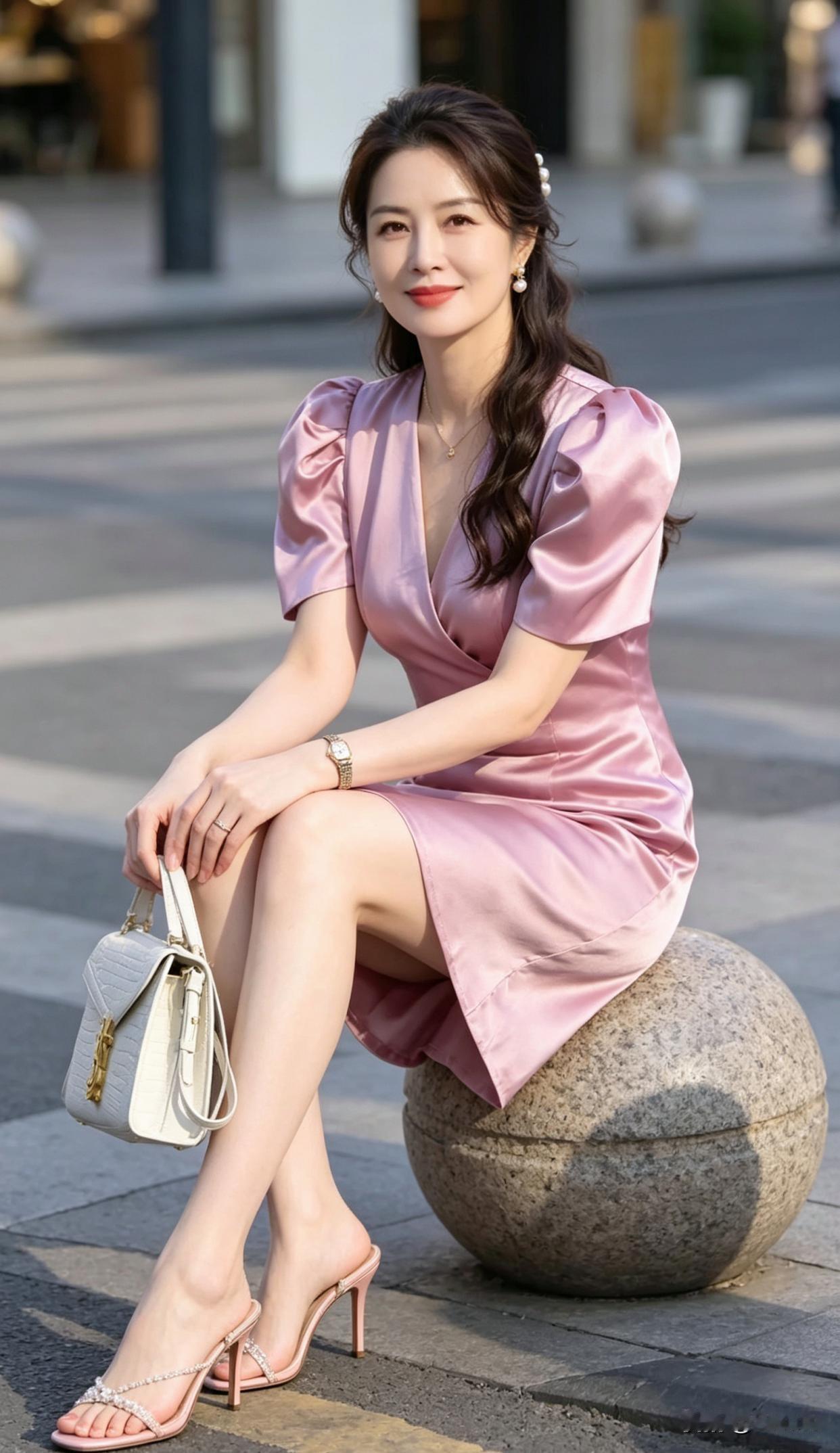 优雅粉裙，都市时尚，自信步伐！👠💄👗