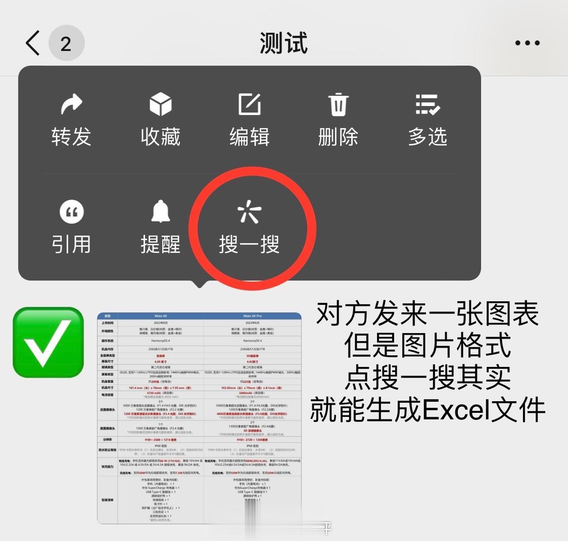 
当对方发来一张图片格式的图表时，点搜一搜跳转可以生成Excel文档这个功能不错