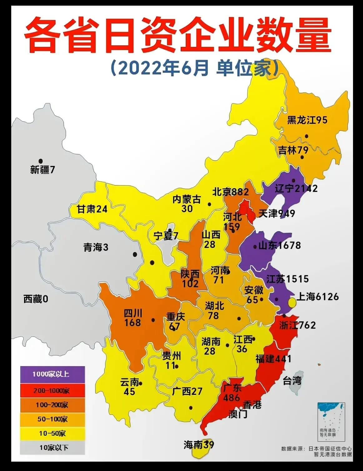 各省日资企业数量。上海这边日资企业真多啊！