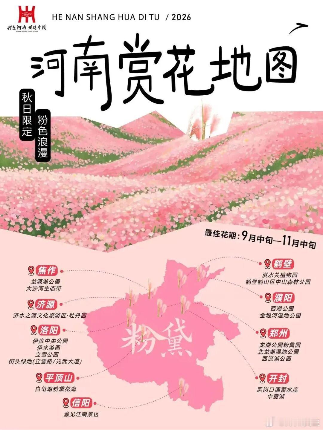郑州发生 【河南又“粉”了！送你一张粉黛赏花地图】秋风掠过中原大地，粉黛乱子草如