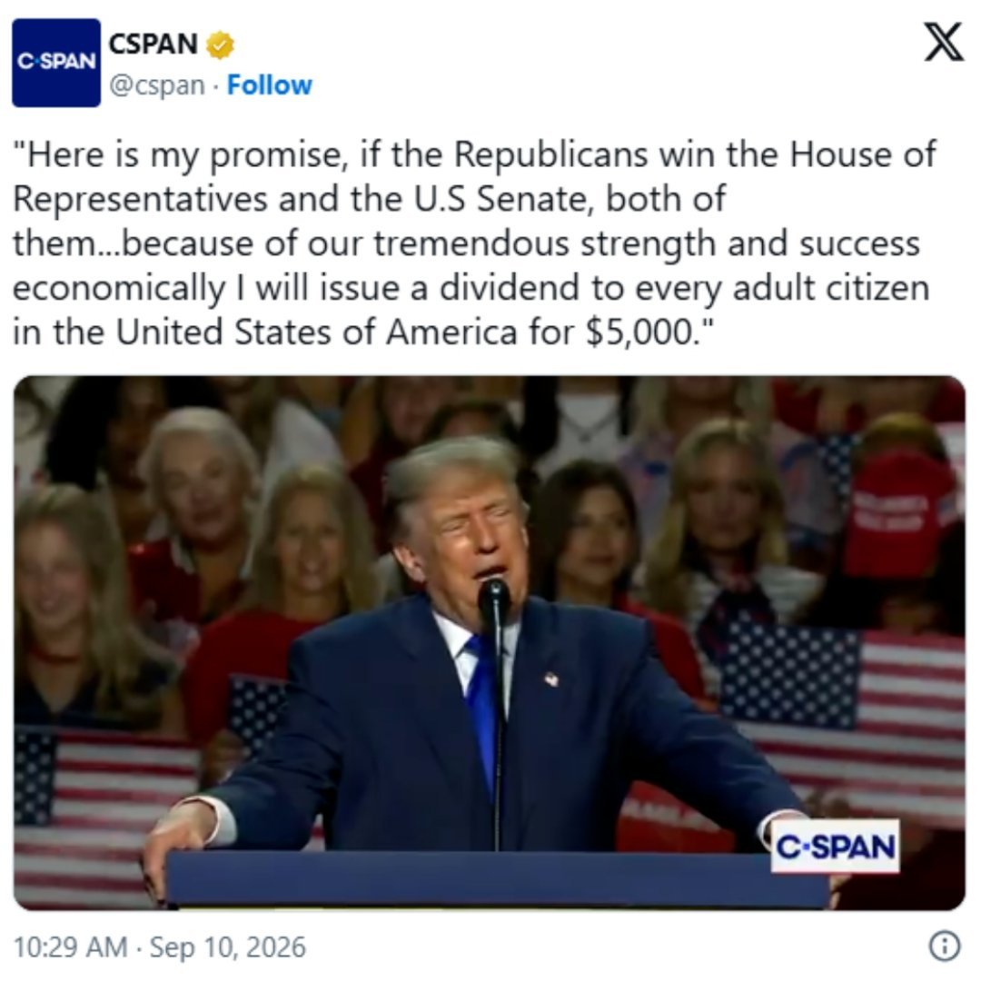 特朗普说共和党获胜后将发每人5000刀漂亮国约有2.5亿成年人口，每人5000?
