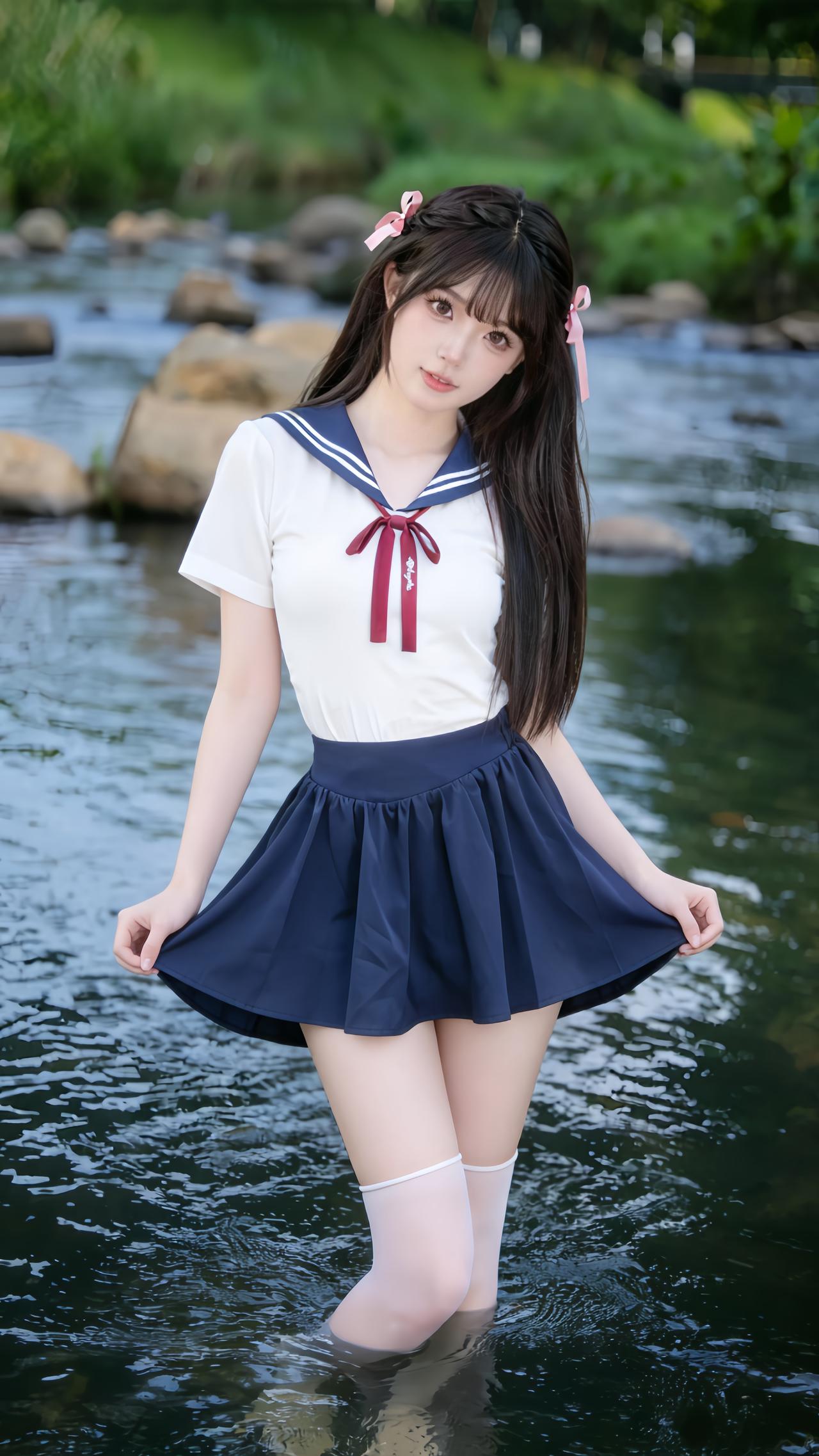 穿搭风格:学院甜美风
 
少女身着清新日系水手服JK穿搭，是经典的学院甜妹风格：