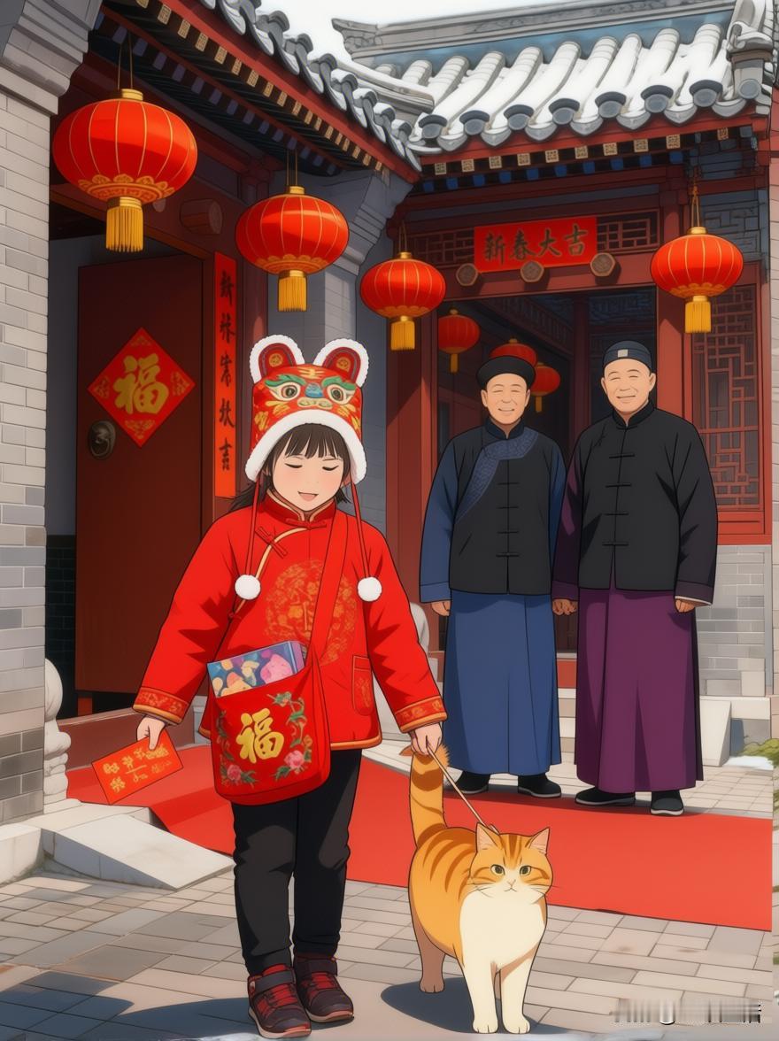 跟着长辈走亲戚，
到她家的楼下，
大人们忙着去附近的超市和商店，
逢年过节去人家