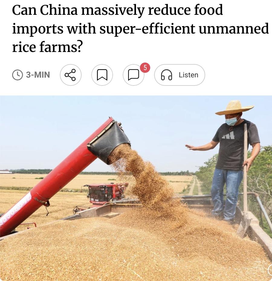 外媒：中国建成全球首个无人再生稻智慧农场，产量提升50%

为实现2032年前粮