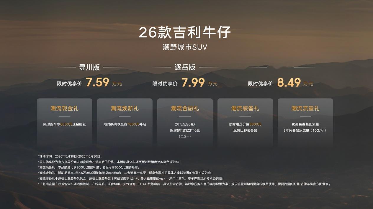 【权益后售7.59万起，新款吉利牛仔正式上市】5月30日，新款吉利牛仔正式上市，