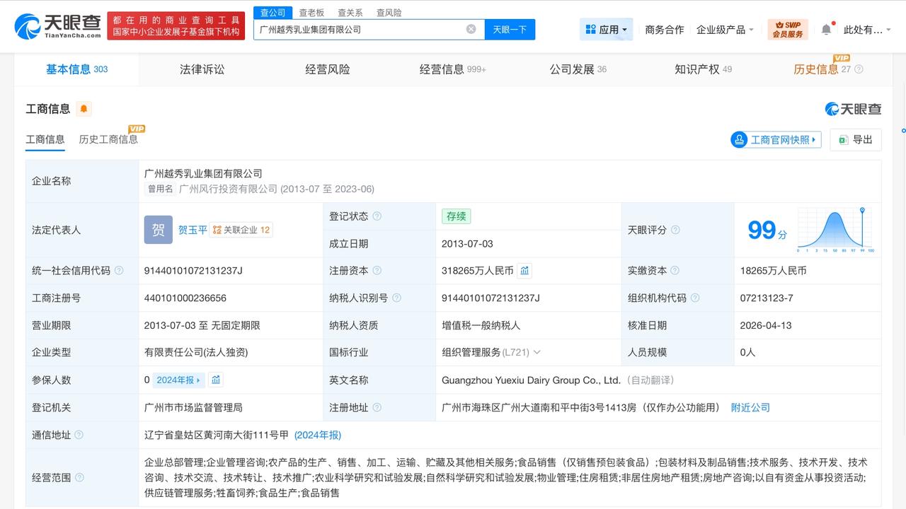 广州越秀乳业集团增资至31.8亿 增幅约46%

天眼查App显示，近日，广州越