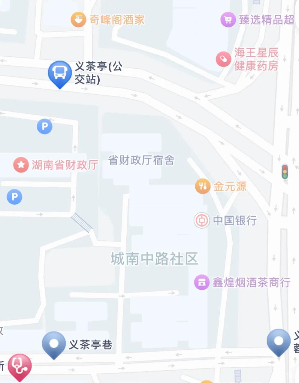 湖南省财政厅位于长沙市城南西路与芙蓉中路交叉口，财政厅宿舍则位于义茶亭巷18号，