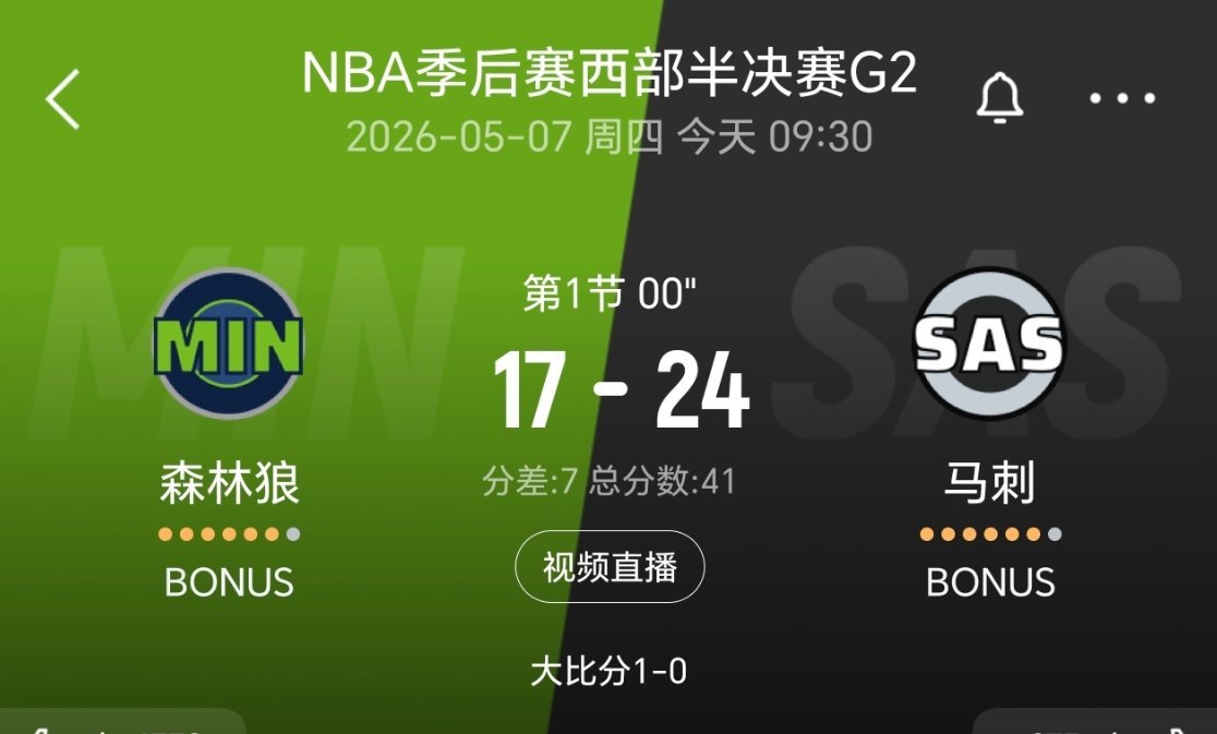 第一节结束，马刺24-17森林狼！nba季后赛骑士vs活塞