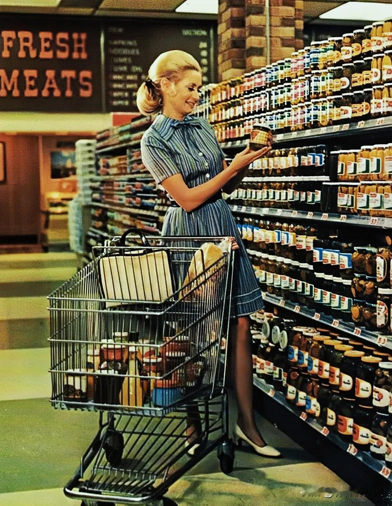 这是一张拍摄于1969年的美国食品杂货商店中消费者购物的照片。

食品杂货商店作