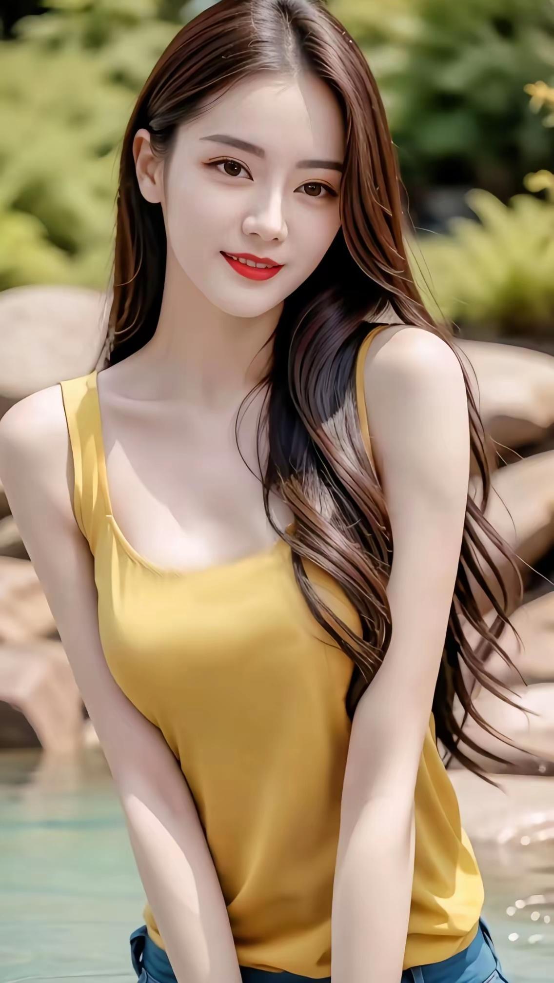 一个穿黄色背心的女孩在户外微笑。