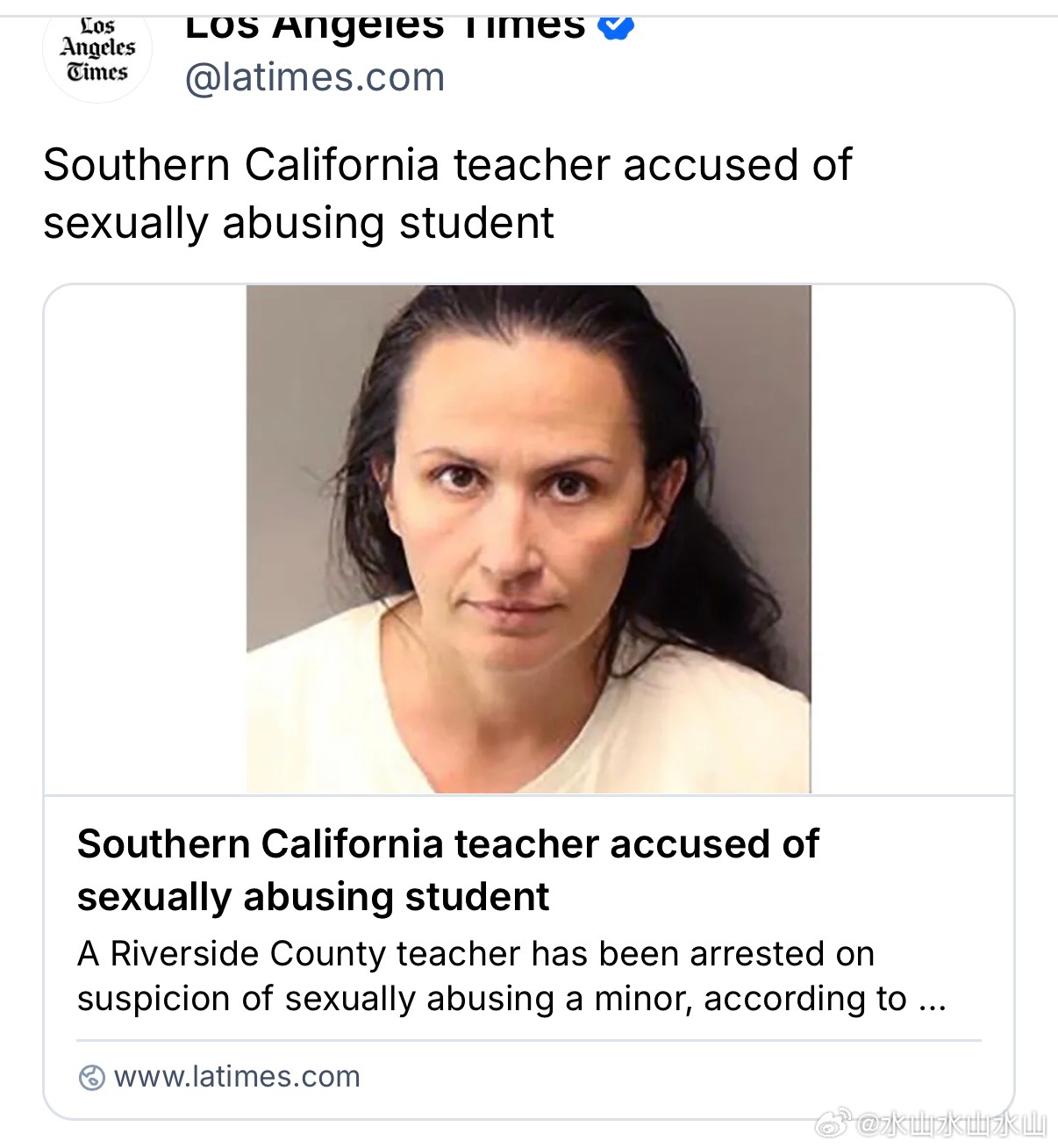 南加州河滨县一位教师因性侵学生而被捕。看照片像是女教师，一般理解是针对男学生，不