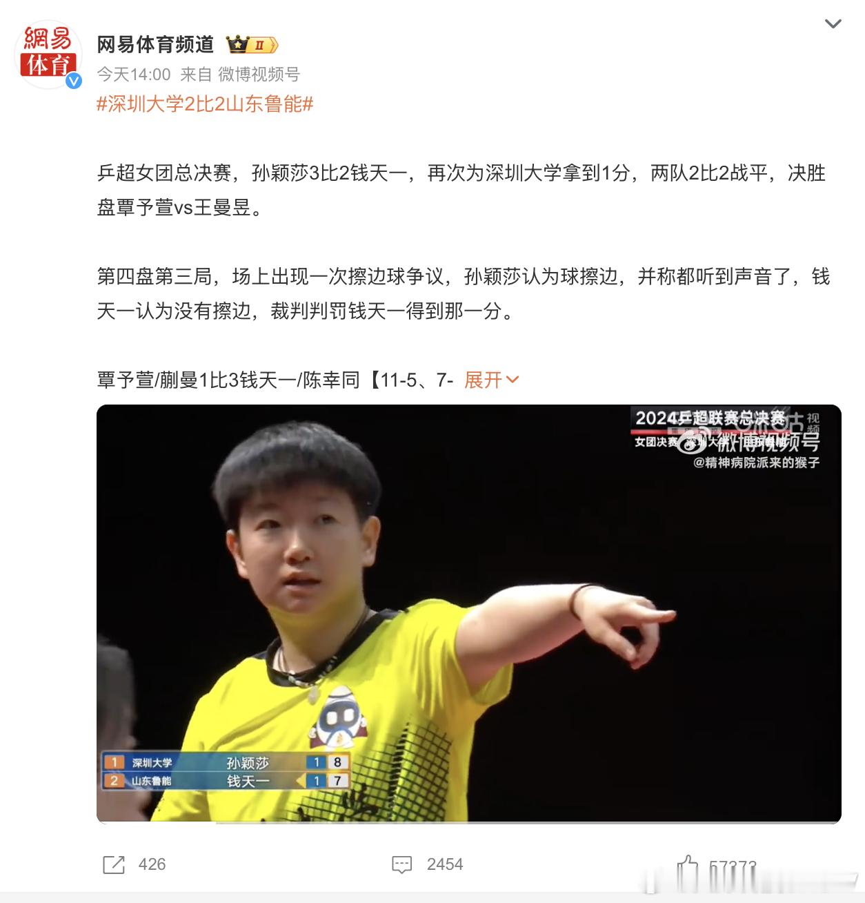 孙颖莎钱天一擦边球争议 感觉国内乒乓联赛比打奥运会都紧张，莎头打国际比赛都没这么