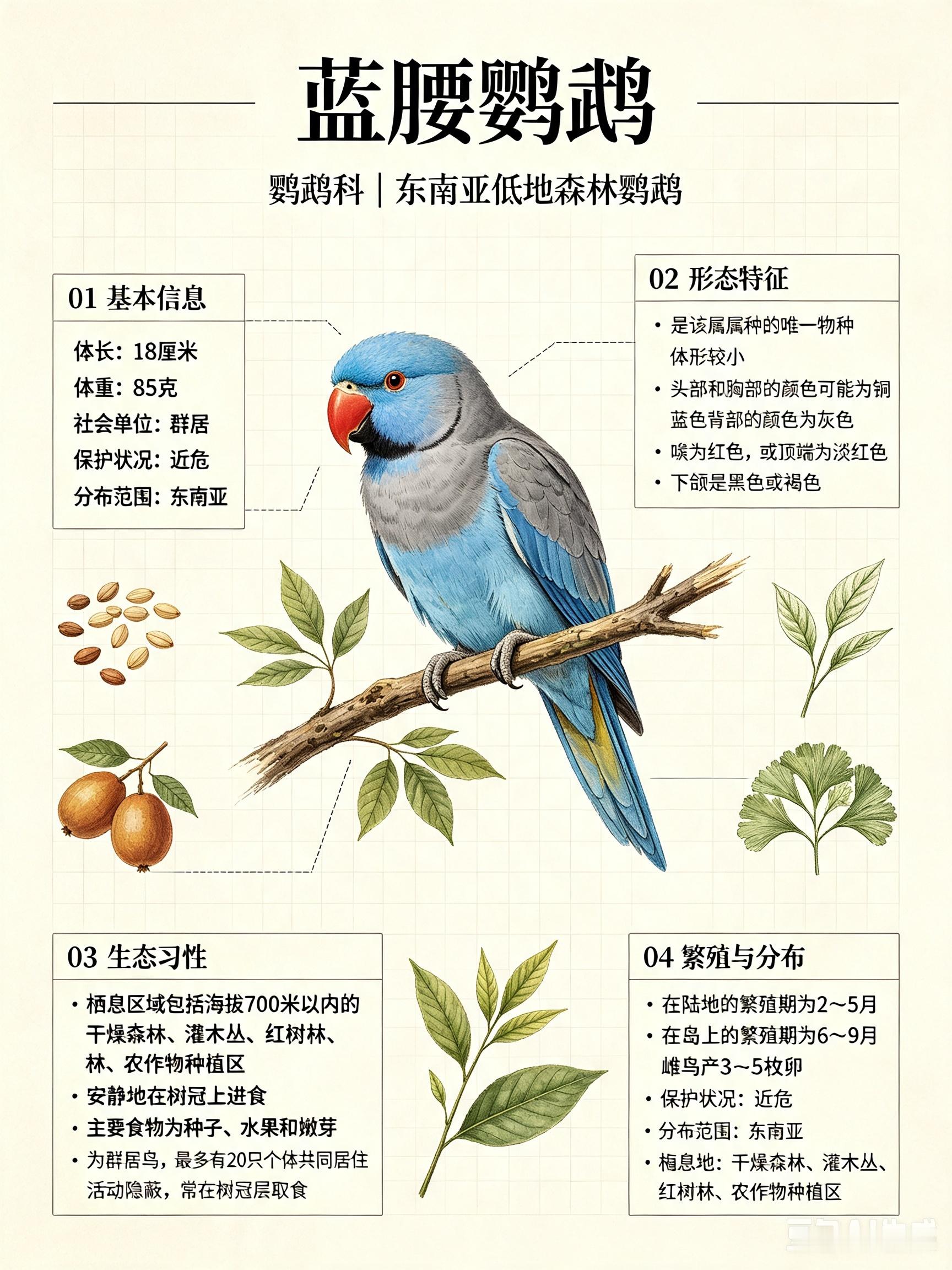 鸟类朋友图鉴 蓝腰鹦鹉体长：18 厘米体重：85 克社会单位：群居保护状况：近危